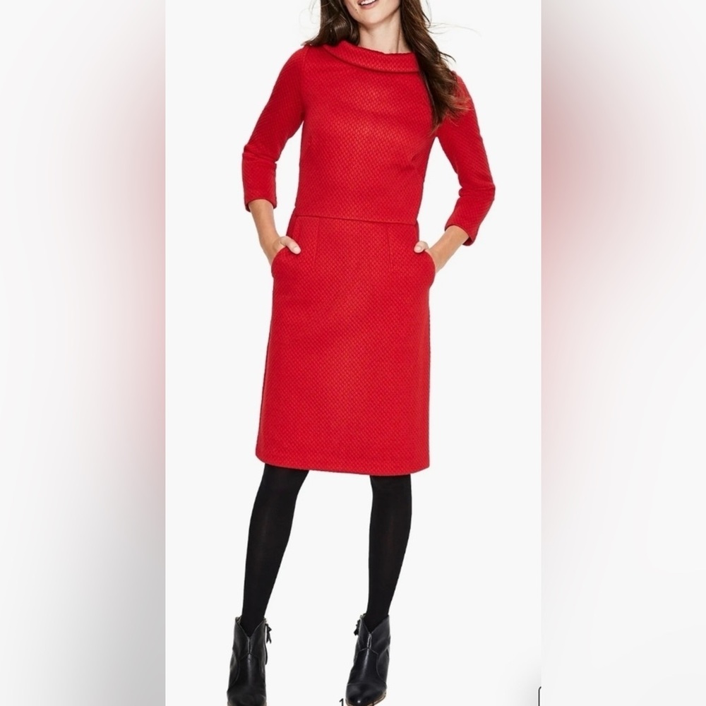Boden Estella Jaquard Red Dress with 3/4 Sleeves (and Pockets!)
